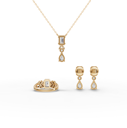 Emerald & Pear Moissanite Diamond Jewelry Set with Necklace, Earrings & Cluster Ring